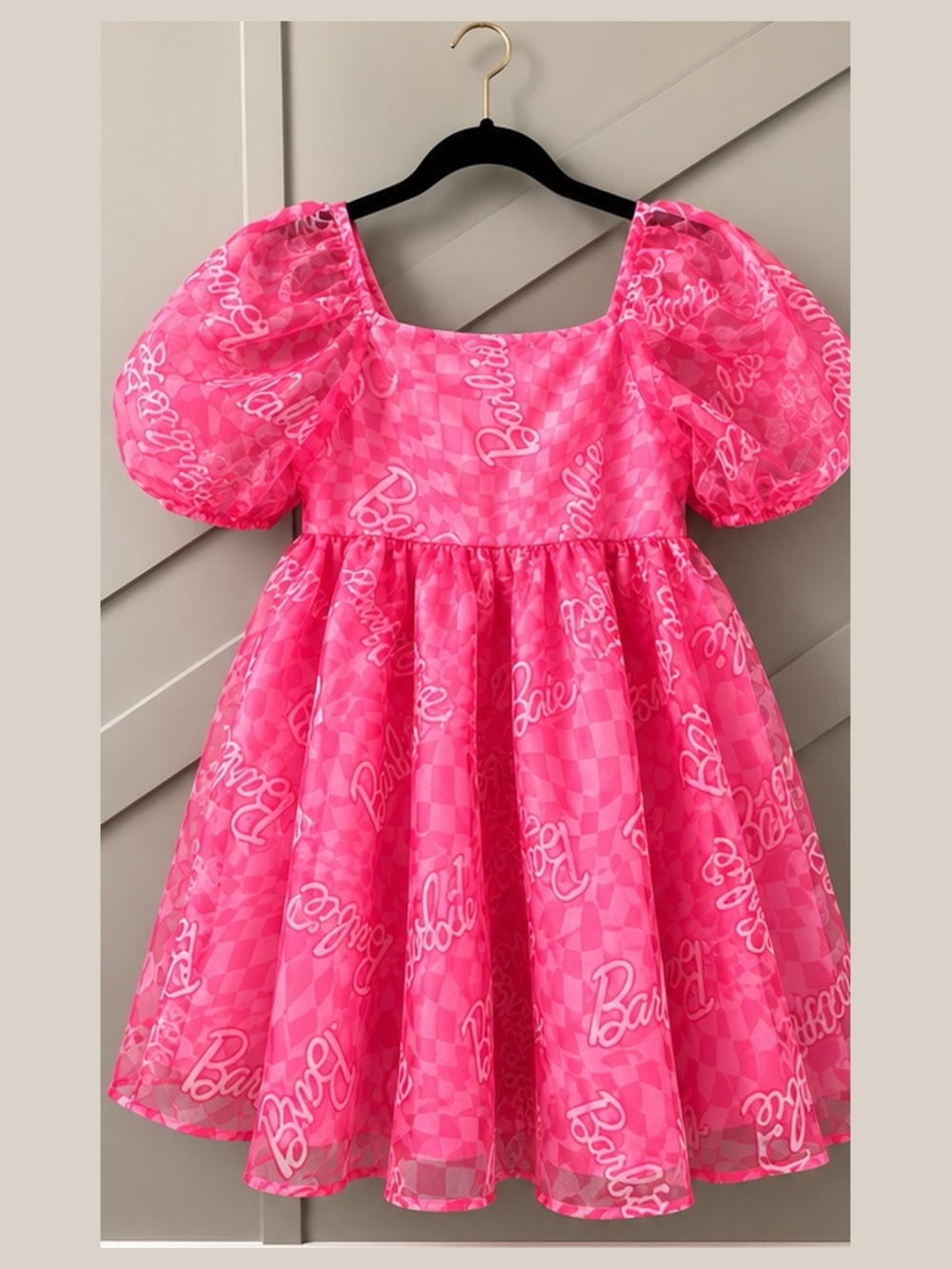 Barbie Pink Logo Puff-Sleeve Party Dress